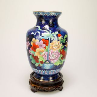 Top 26 Cm Große Cloisonne Email Vase Auf Holzsockel China Seidenstraße Asiatika Bild