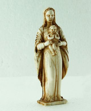 Museale Schnitzerei Madonna Jesuskind Edles Bein 1800 Bild