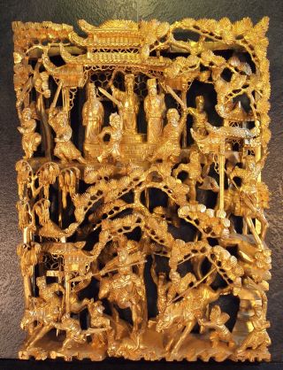 Großes Altes Geschnitztes Relief 43 X 30 X 5 Cm Vergoldet China Skulptur Holz Bild