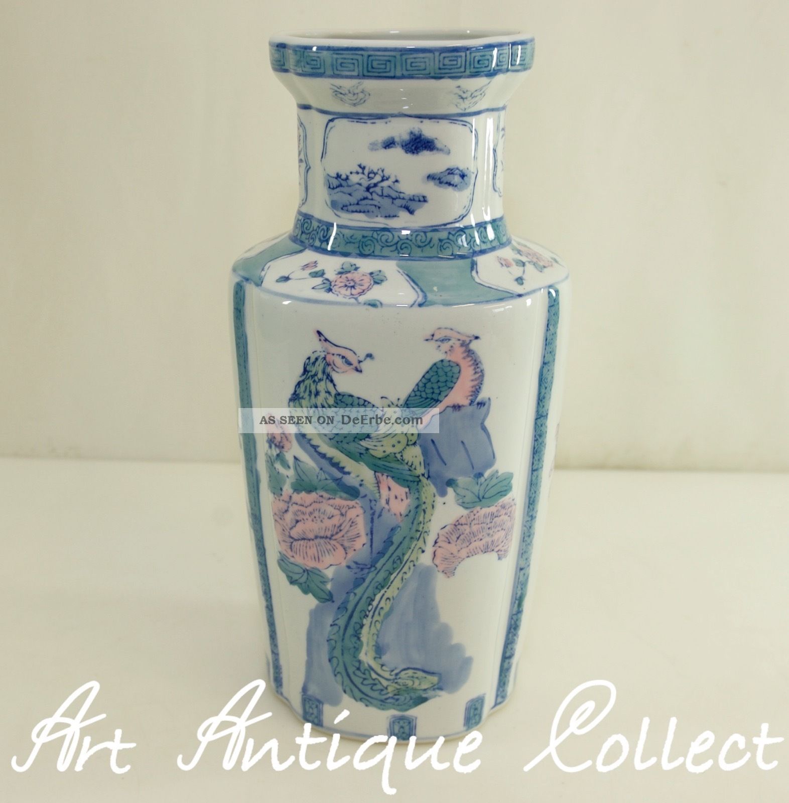 Vintage China Vase Blumenvase Kaminvase Asia Motiv Pfauen Dekorativ Entstehungszeit nach 1945 Bild