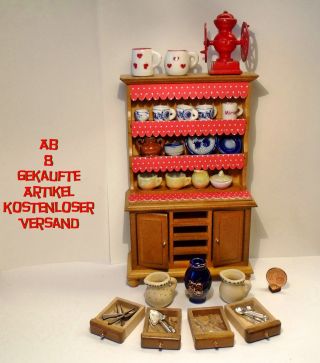 Küchenschrank Mit Geschirr,  Porzellan,  Keramik,  Besteck Für Puppenhaus 1:12 Bild