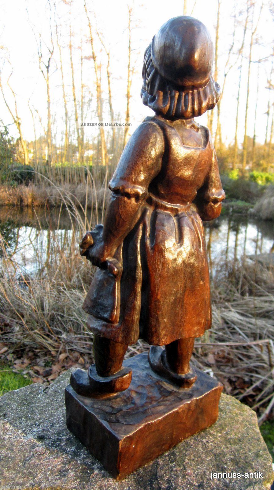 Holzfigur Massivholz Handgeschnitzt Mädchen Mit Korb Schöne Handarbeit