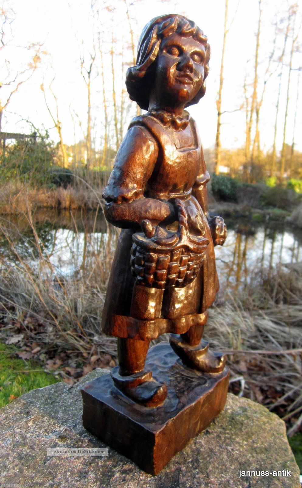 Holzfigur Massivholz Handgeschnitzt Mädchen Mit Korb Schöne Handarbeit