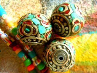 Schön Verzierte Nepali - Perlen M.  Mosaik - Türkis,  Koralle,  Silber - 16mm - Handmade Bild