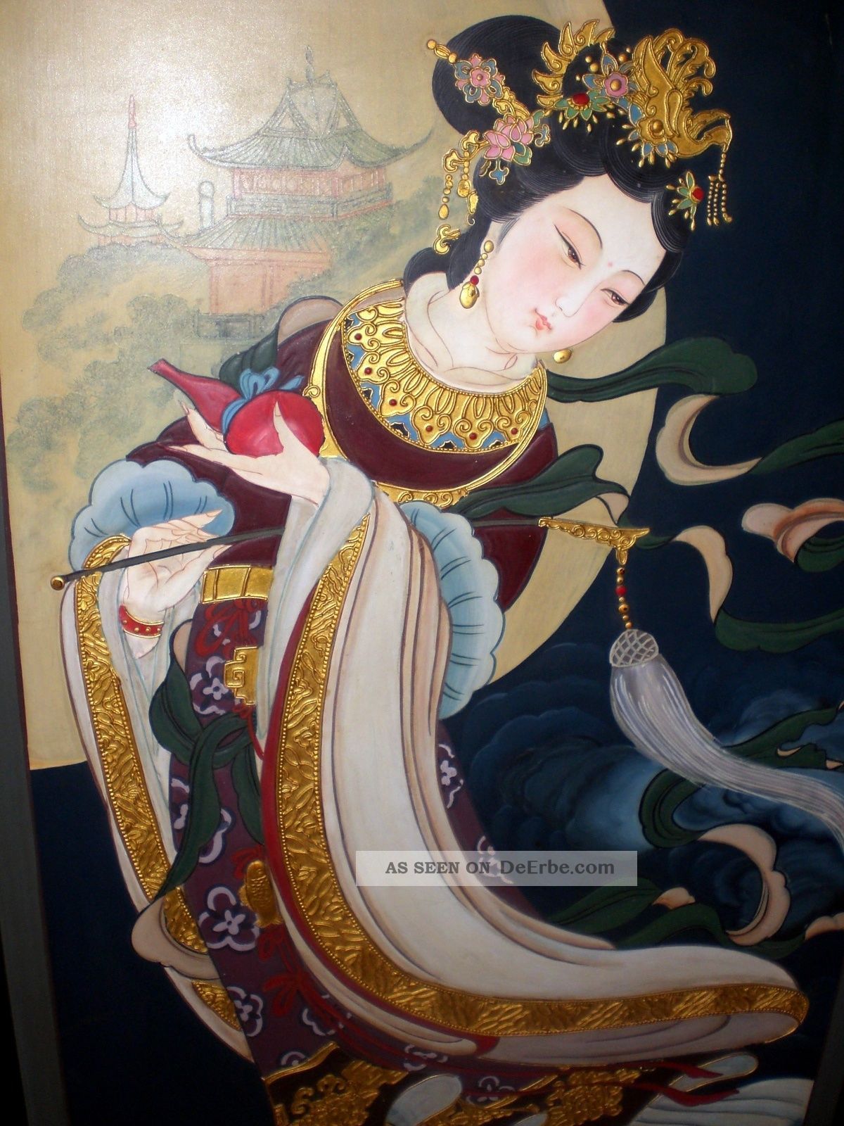 Alt Geisha Groß Gemälde Acryl Öl Auf Holz Asiatika Rahmen 63x115cm Japan Kunst Entstehungszeit nach 1945 Bild