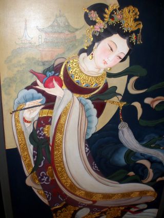 Alt Geisha Groß Gemälde Acryl Öl Auf Holz Asiatika Rahmen 63x115cm Japan Kunst Bild
