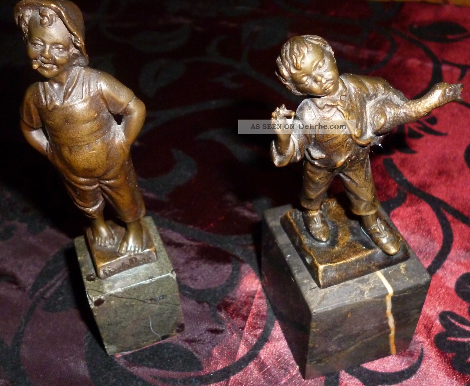 2 Antike Bronze Figuren Frech Dax Von Felling Und Rauchender Junge Mit Gans Bronze Bild