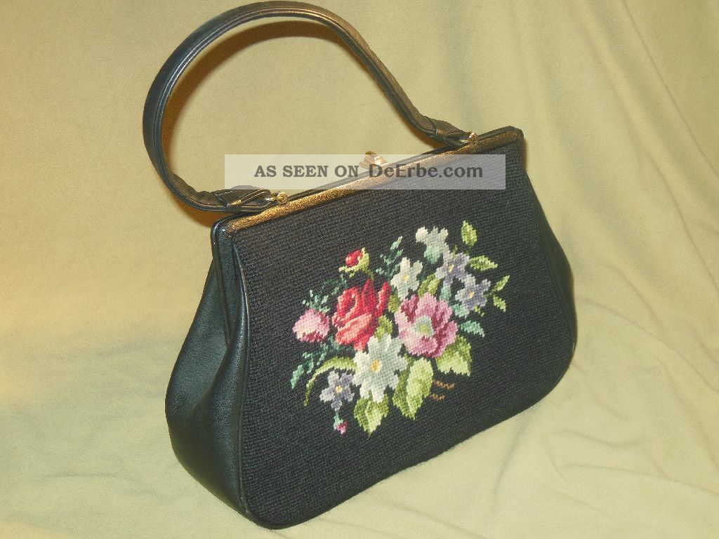 Vintage 50er 60er Gobelin Stickerei Handtasche Tasche Mid Century Damentasche Accessoires Bild