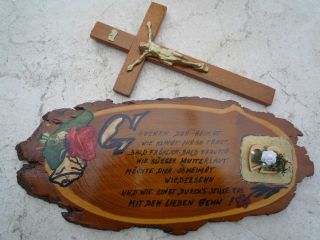 Altes Holz Spruchbild,  Glocken Der Heimat,  Auf Holzscheibe,  Kruzifix Bild