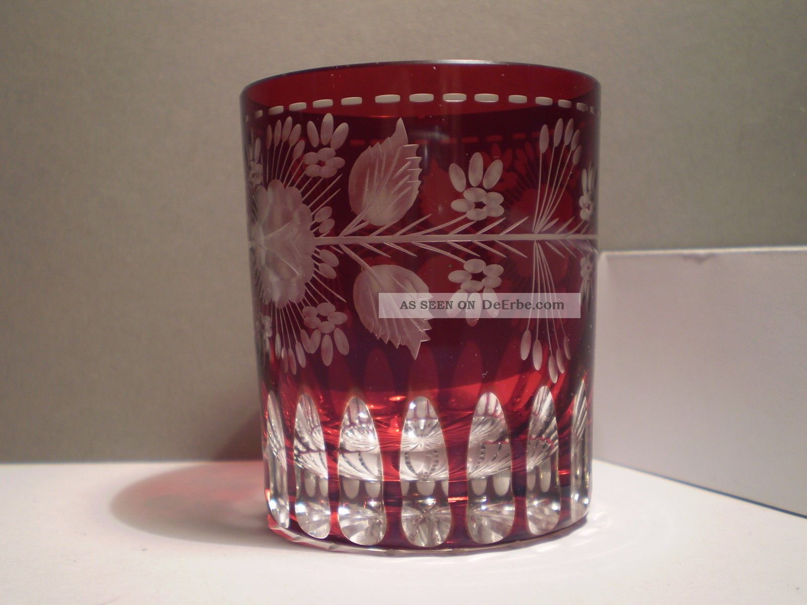 Biedermeier Bäderglas Bemalt / Perfekt / Glasbecher Rubin Überfangglas