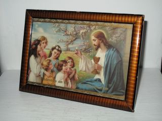 Antik Heiligenbild Schutzbild Jesus Kinder Kommunion Andenken Shabby Chic Bild Bild