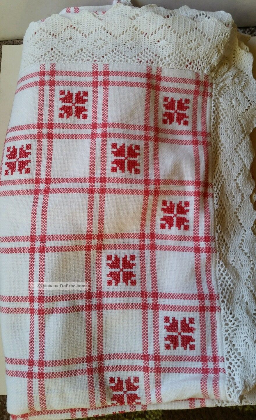 Alte Tischdecke Mit Spitze Bestickt Rot Weiss Ca.  4.  20 X 1.  68 Cm Tischdecken Bild