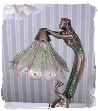 Jugendstil Leuchte Frauenskulptur Mit Pfau Vintage Tischlampe Tischleuchte Antik Bild