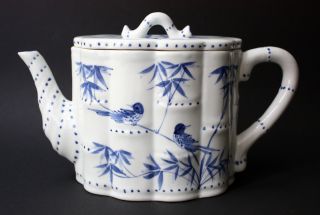 Rare Chinese Blue & White Porcelain Tea Pot Bamboo - Décor & Form,  Republic Period Bild
