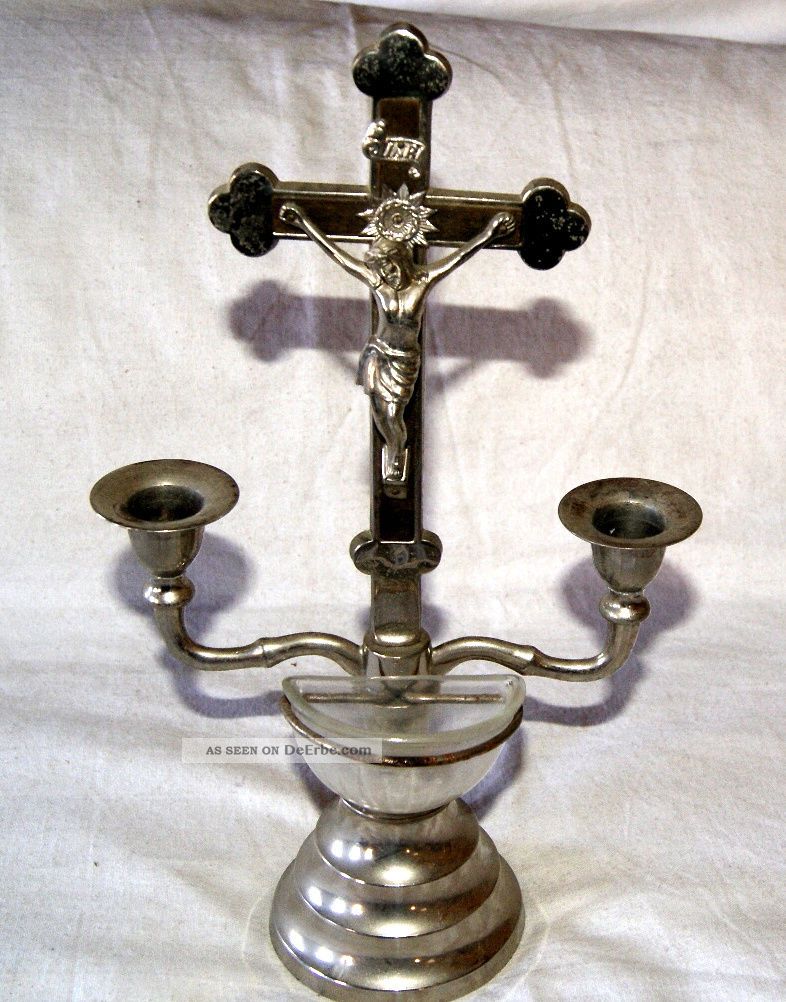(1302) Stand Kruxifix Mit 2 Kerzenhalter,  Weihwasserbehälter Ca 30iger Jahre Skulpturen & Kruzifixe Bild