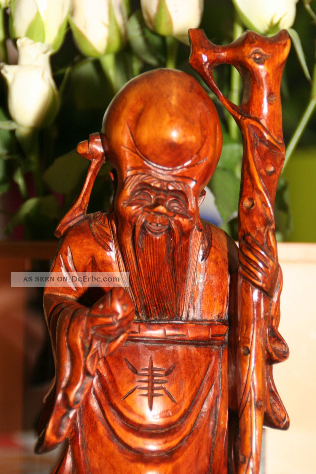 Vintage Holzfigur,  Mönch,  Buddha Mit Kutte & Stock,  Asiatische Schriftzeichen Entstehungszeit nach 1945 Bild