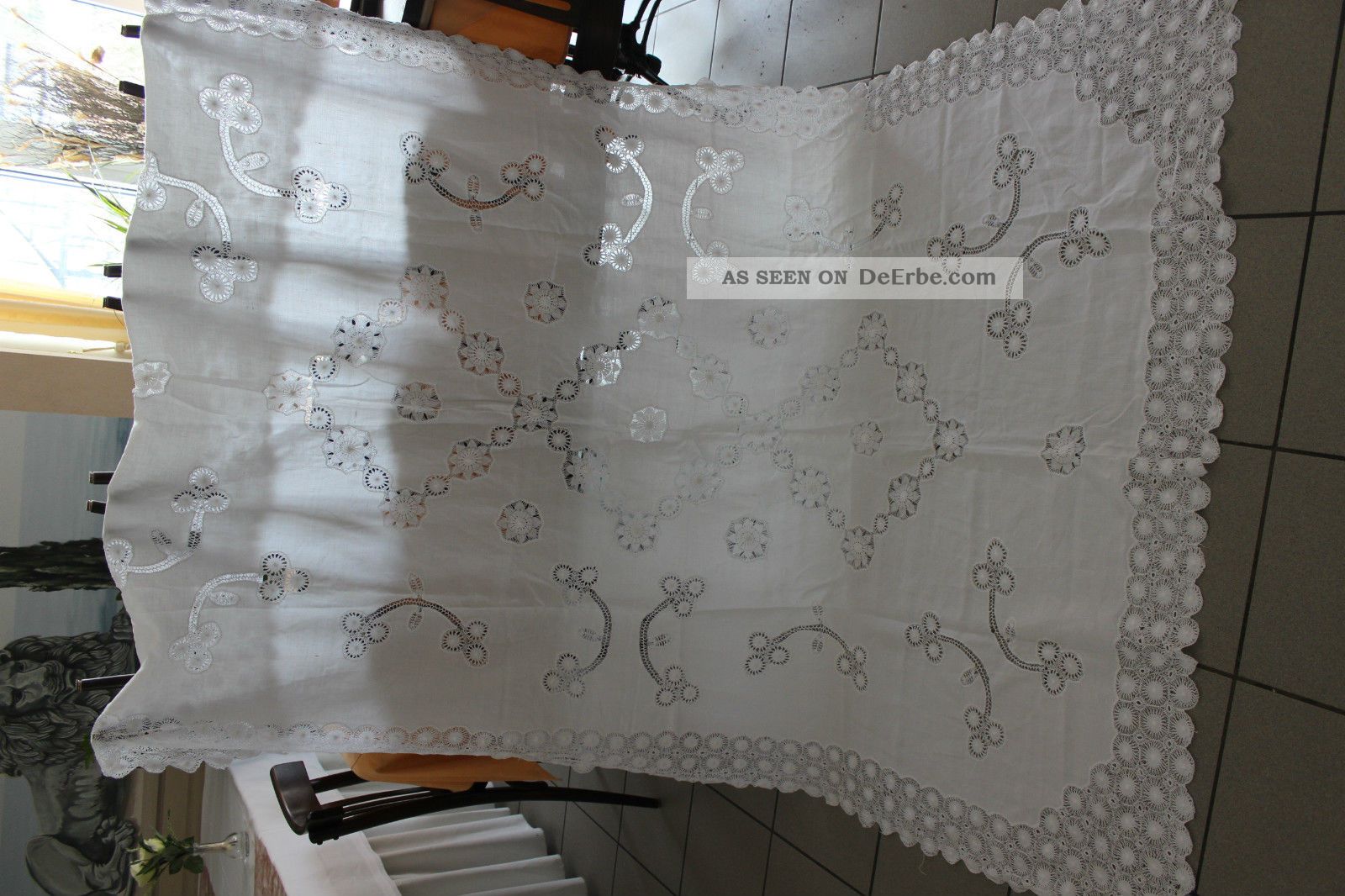 , Groß Antik Italienish Leinen Tischdecke Makramee Stickerei Tischdecken Bild