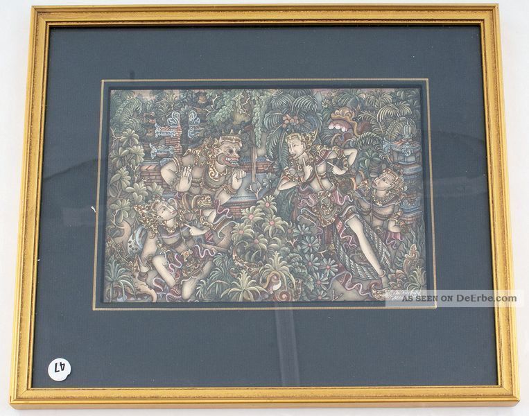 Miniatur Bild Malerei Bali Dorf Batuan Blattgoldrahmen 13 X 18,  5 Cm Signiert Entstehungszeit nach 1945 Bild
