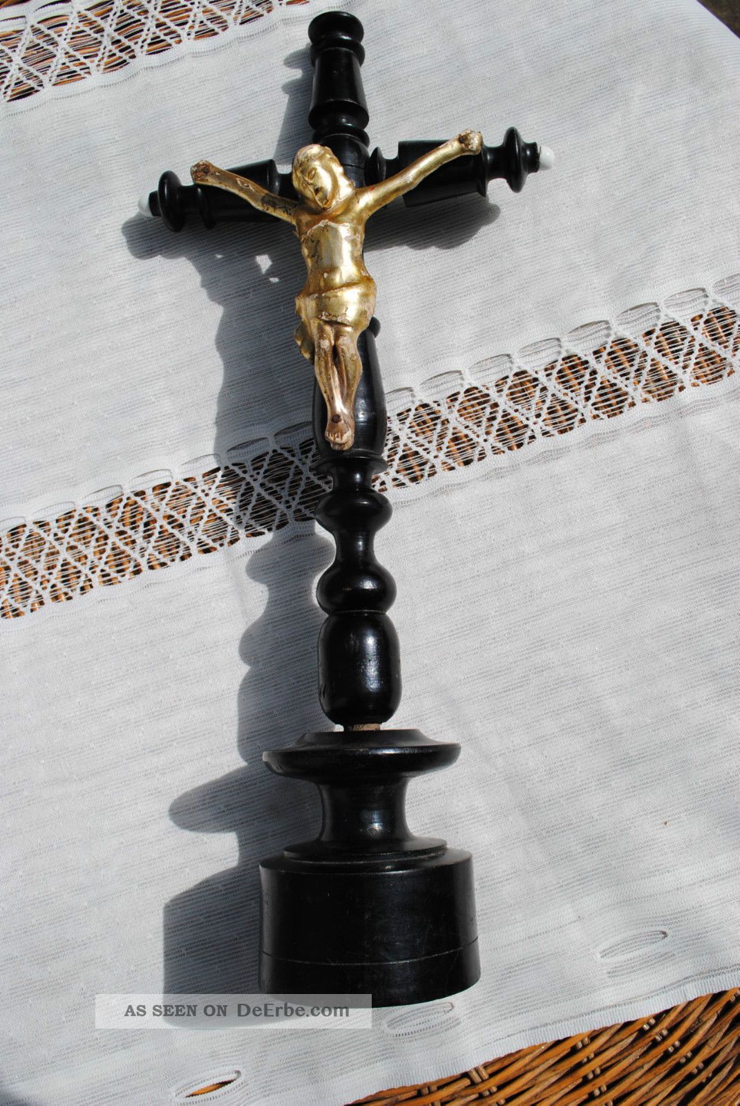 Schwarz Holzkreuz Kruzifix 19.  Jahrhundert Gedrechselt 42 Cm Hoch Kreuz Christus Skulpturen & Kruzifixe Bild
