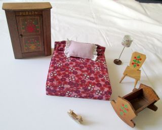 70er Puppenhaus Holz Schlafzimmer MÖbel Schrank Bett Lampe Puppe Haus Vintage Bild
