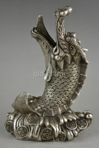 China Collectible Decorate Water God Old Tibet Silver Fish Dragon Jump Statue Bild