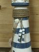Holz Leuchtturm Blau/weiß Gestreift Ca.  33,  5cm Groß Mit 2 Holzfischchen (pla) Maritime Dekoration Bild 1
