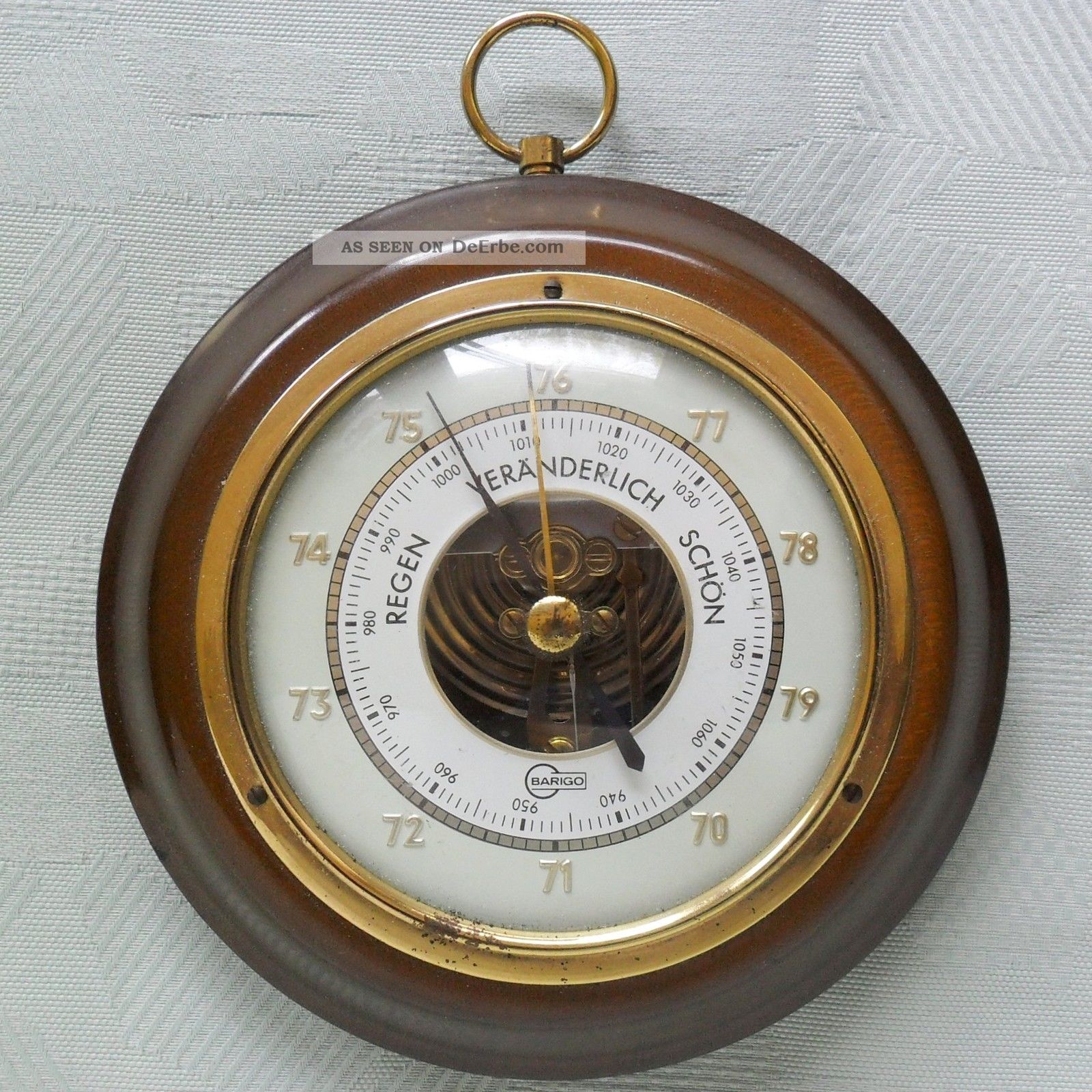 Älteres Barometer Von Barigo Mit Glas Und Echter Messing - Blende Auf Holzplatte Wettergeräte Bild
