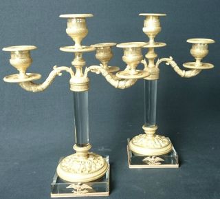 Antikes Paar Empire Stil Bronze Kristall Kandelaber Kerzenleuchter Um 1870 Bild