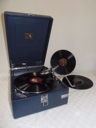 Extrem Rar - His Master ' S Voice Model Koffer - Grammophon Mod.  102 Blau - Um 1925 Bild