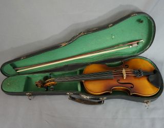 Alte 1/1 Geige Violine Mit Innenzettel,  Bogen Und Holzkoffer Zum Restaurieren Bild