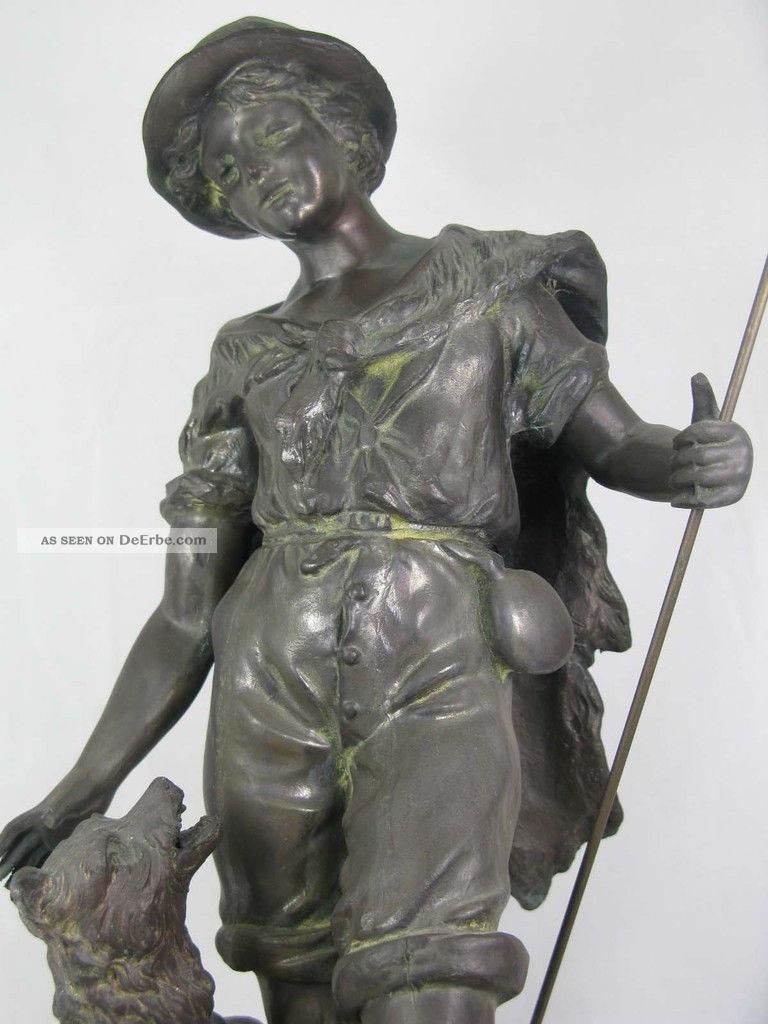 Hirte / Mann Mit Hund Weiß - Bronze Figur / Skulptur / Plastik H.  46,  5cm Frankreich 1900-1949 Bild