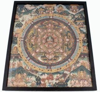 Sehr Schönes Mandala Bild Nepal 20 Jh.  Farb - Goldmalerei Auf Baumwolle 40 X 34 Bild
