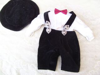 Alte Puppenkleidung Black Velvet Pants Hat Outfit Vintage Doll Clothes 40 Cm Boy Bild