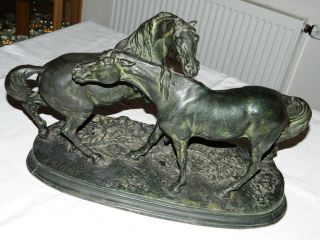 Sehr Alte Große U.  Schwere Pferde Skulptur Sig P.  J.  Mene Bild