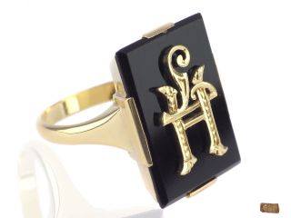 Art Deco Herren Siegel 585 Gelb Gold Onyx Wappen Hl Gravur Ring Antik Bild