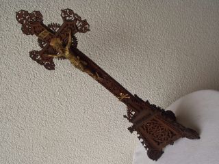 Antikes Großes Origi.  Standkreuz Aus Holz Mit Jesus Aus Bronze/messing - 19.  Jhd Bild