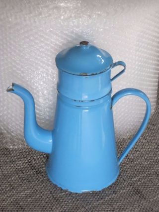 Blaue Emaille Kaffeekanne Mit Filteraufsatz - Tolle Alte Emaillierte Kanne Bild