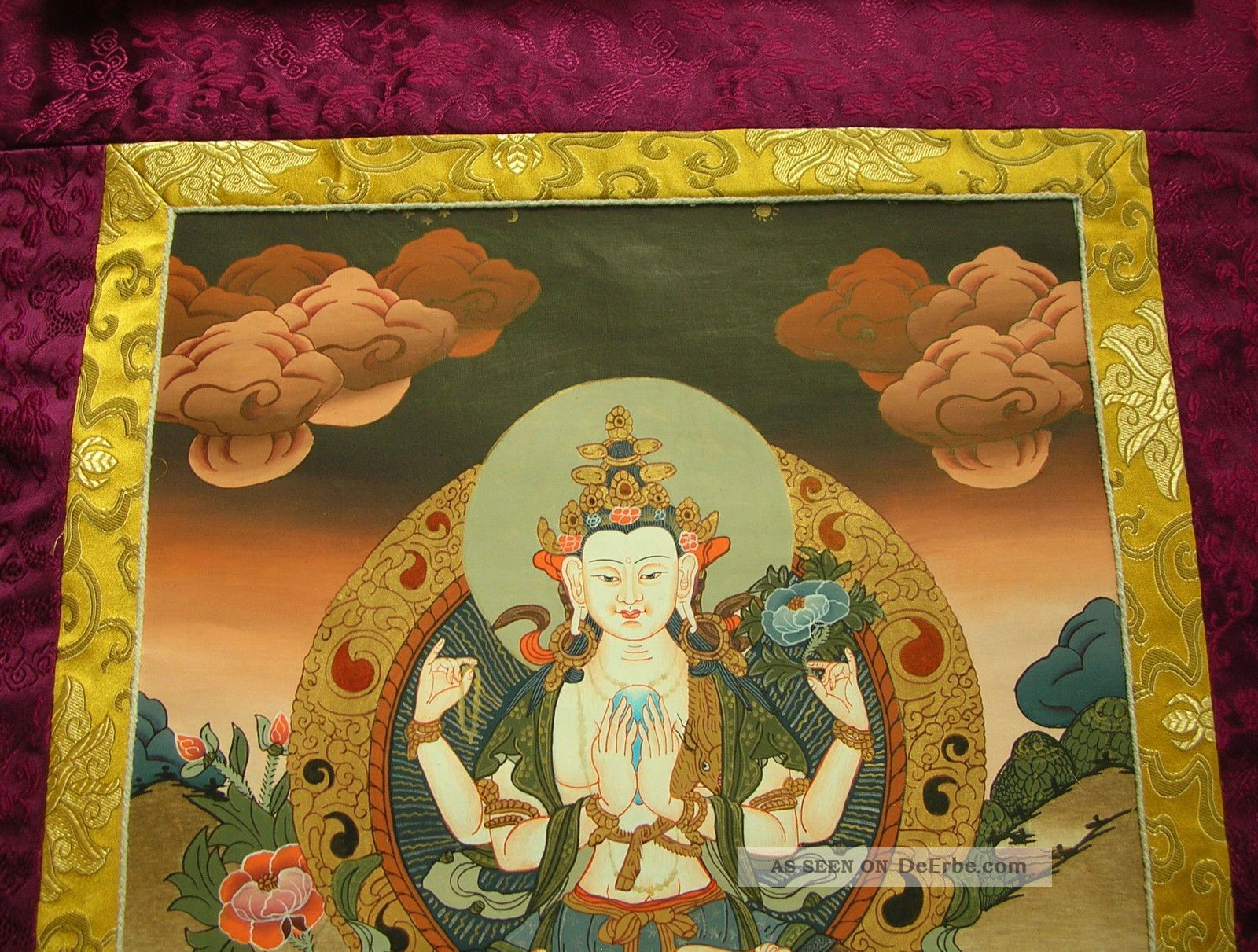 Buddha Thangka Avalokiteshvara Chenrezig Tibet In Brokat 93x53cm Entstehungszeit nach 1945 Bild