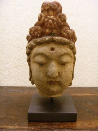 Buddhakopf,  Bodhisattva China Holz Handbemalt Eisensockel Brüniert 1,  3kg Bild