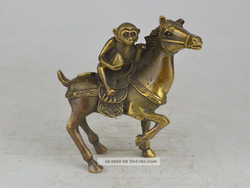 Collectible Exquisite Old Copper Handwork Carving Horse Monkey Statue 马上封侯 Entstehungszeit nach 1945 Bild