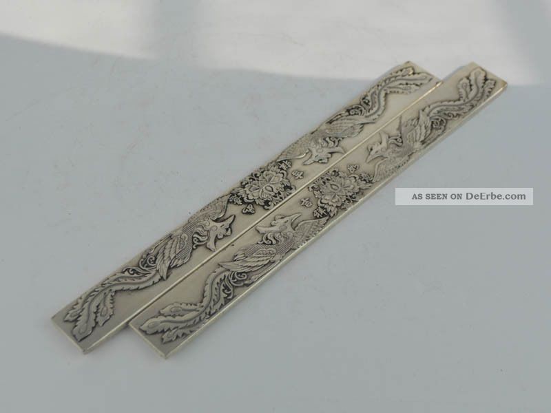 Old Tibet Silver Carving 2x Phoenix Paperweight Bookmark Asiatika: China Bild