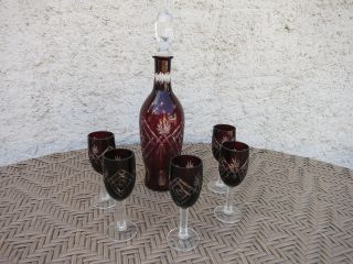 Alte Bleikristall Karaffe Und 5 Gläser Rubinrot Rubinglas Likör Trinkset Bild