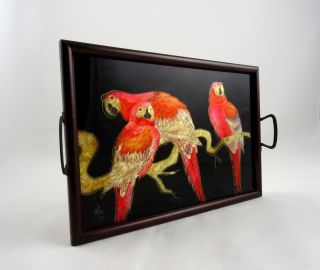 Art Deco Servier Tablett Frankreich 1930 Papageien Hinterglasmalerei Antik Bild