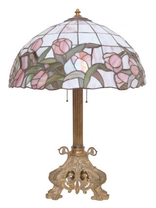 Riesige Jugendstil Tiffany Salon Tischleuchte Schreibtischlampe Messing Bild