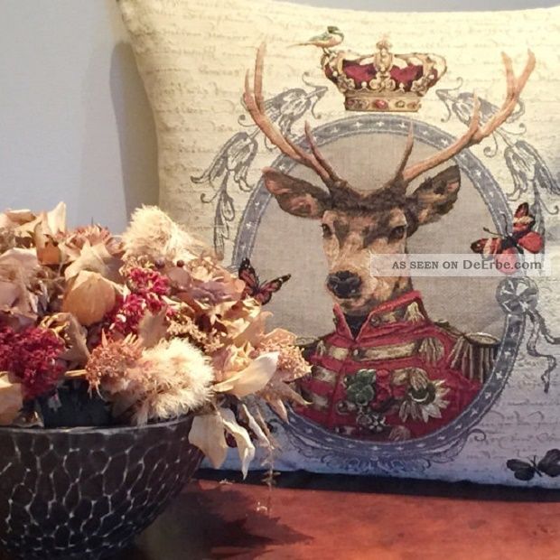 Gobelin Kissen Hirsch Gerahmt Dekokissen Jagd Jäger Krone Landhausstil