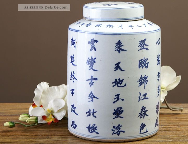 Chinesische Vase Ingwergefäß China Schriftzeichen Kaligrafie blau-weiß 26cm 