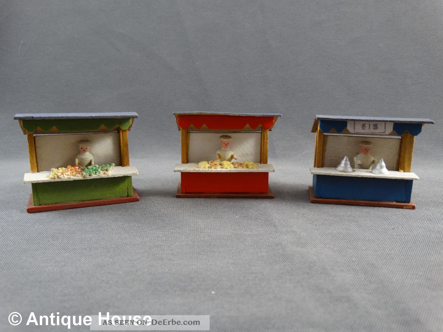 Erzgebirge Volkskunst Holz 3 Kleine Alte Marktstände Mit Figuren Miniatur - Rar Objekte nach 1945 Bild
