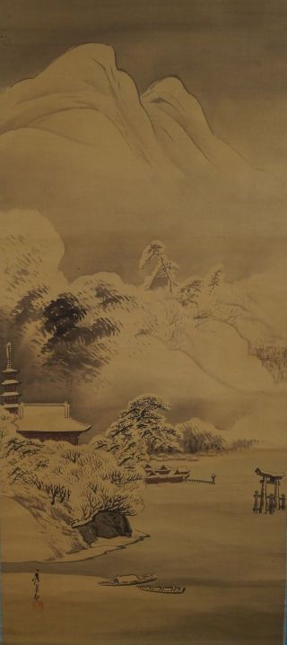 Antikes Japanisches Rollbild Kakejiku Alter Tempel Im Schnee Japan Scroll 3360 Bild