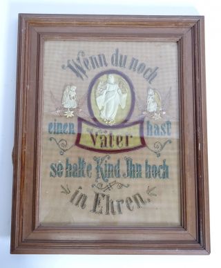 Antikes Votivbild Stickarbeit Spruch Für Den Vater Gerahmt Hinter Glas Bild