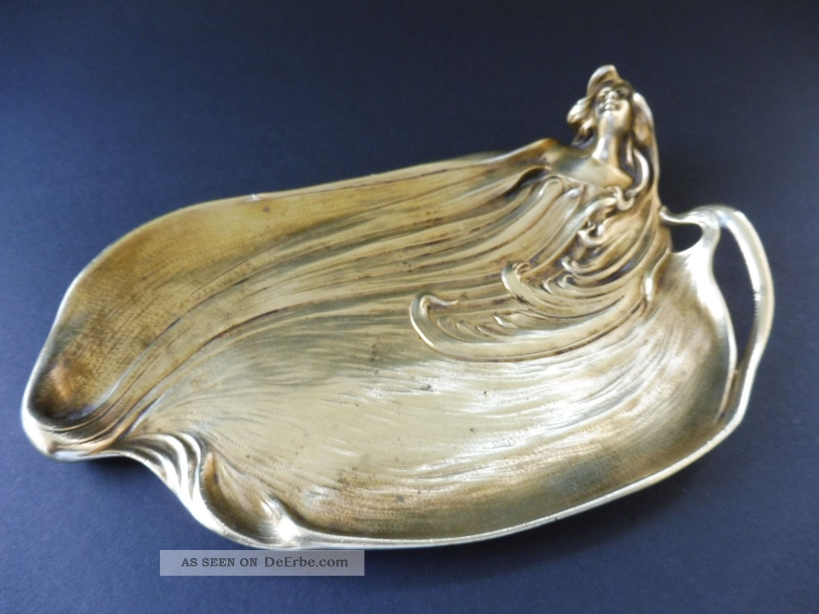 Jugendstil Bronze Visitenkarte Schale Frau Maiden Art Nouveau Visiting Card Tray 1890-1919, Jugendstil Bild